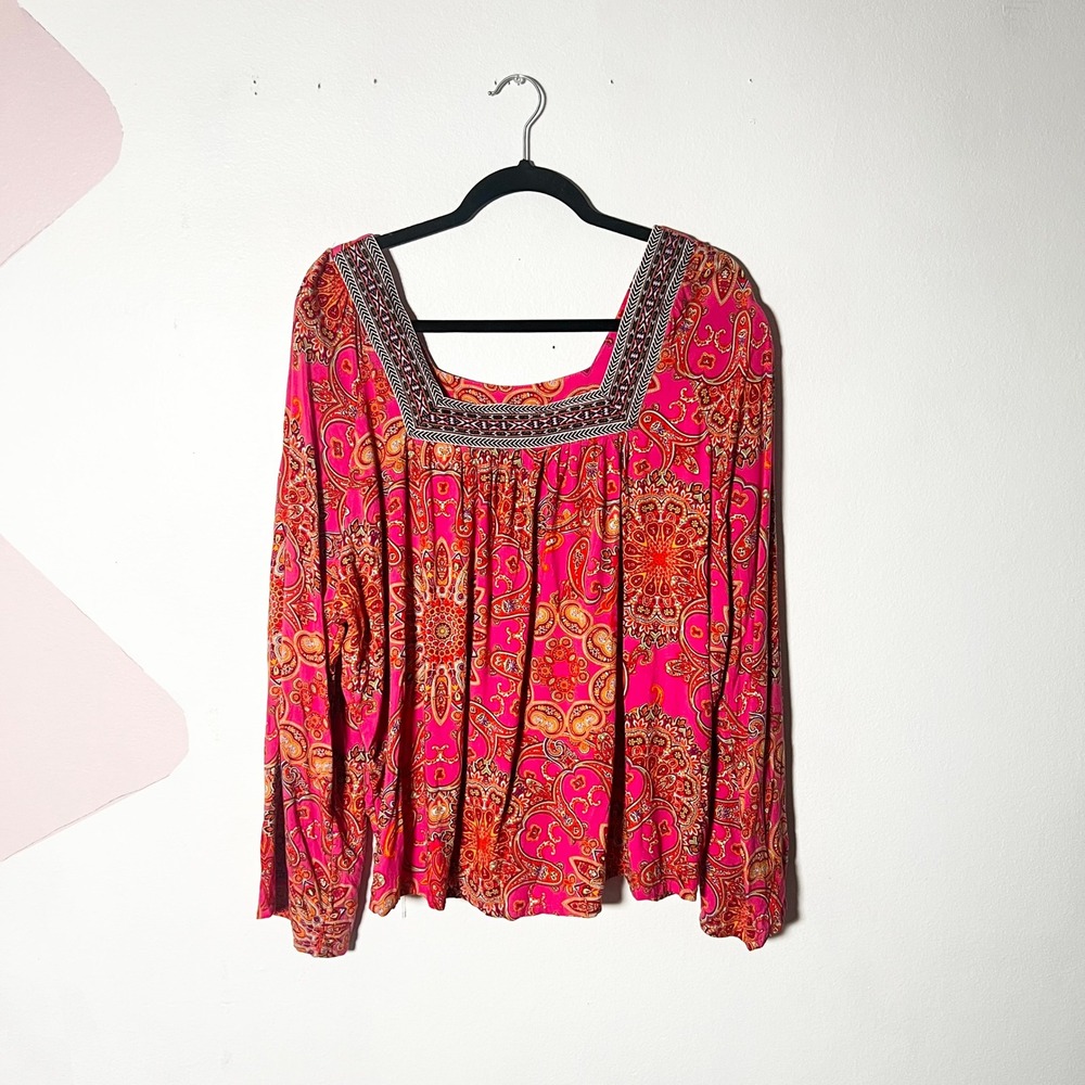 One World Peasant Top Womens 2X Pink Paisley Long Sleeve Boho